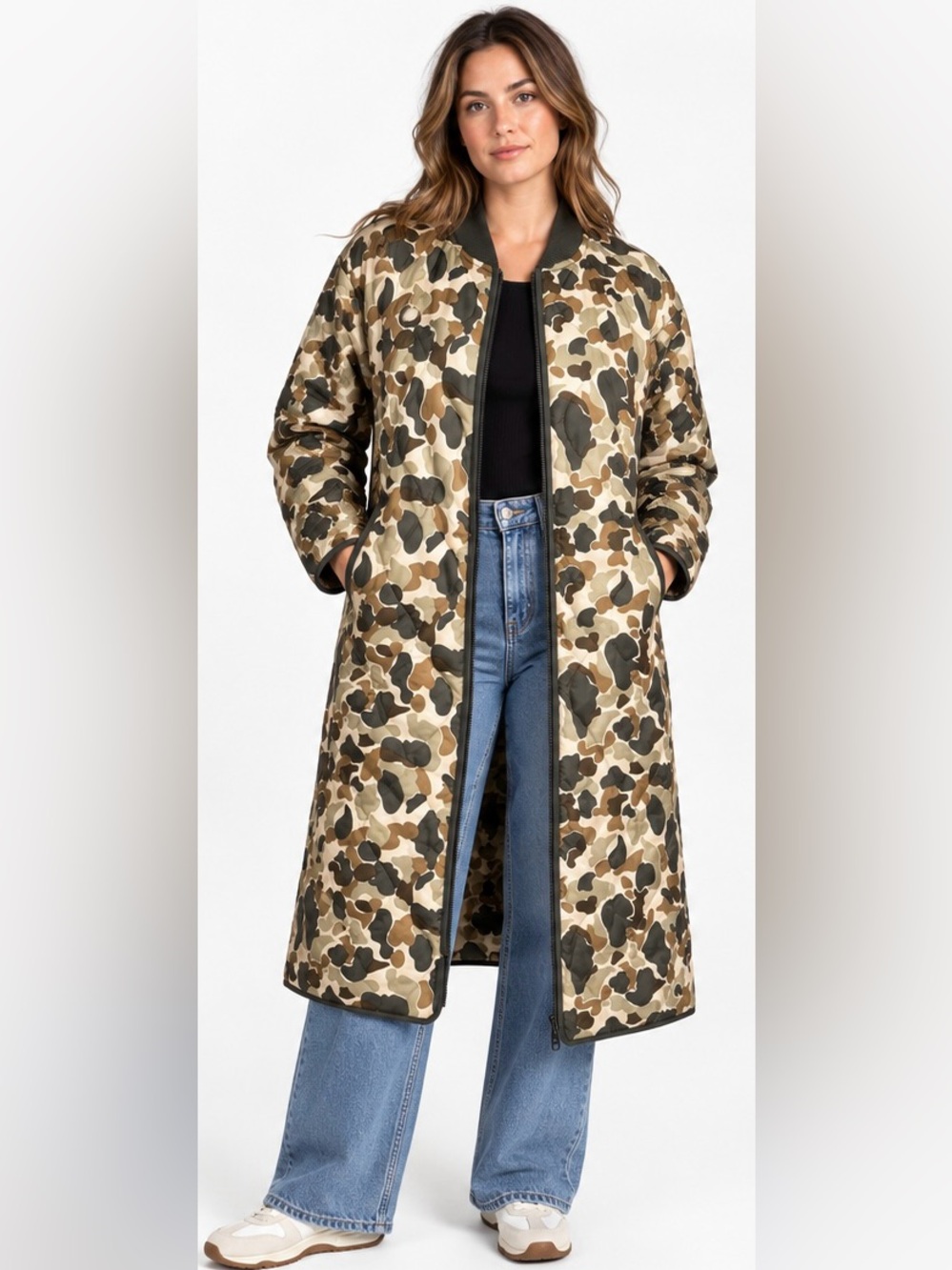Everlane ReNew Long Liner Biscotti Camo Quilted Coat XS NWT